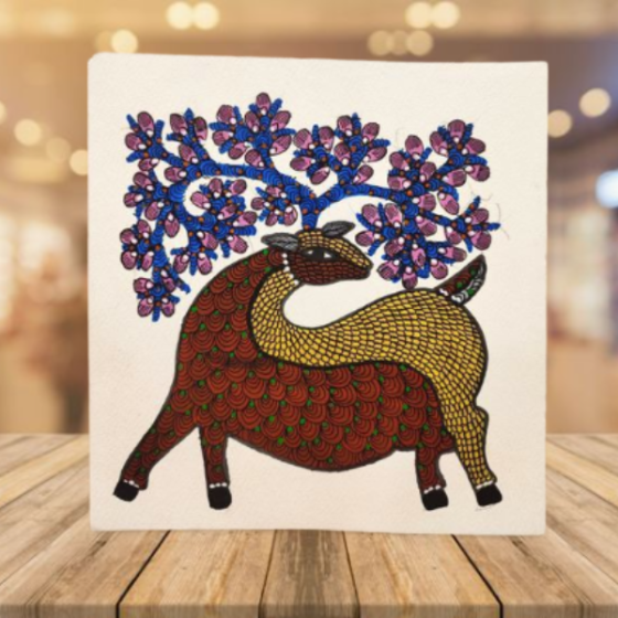 Painting Gond Art Deer Square 9x9