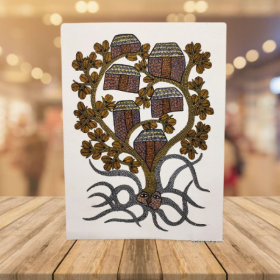 Painting Gond Art Horse On Tree 10x14