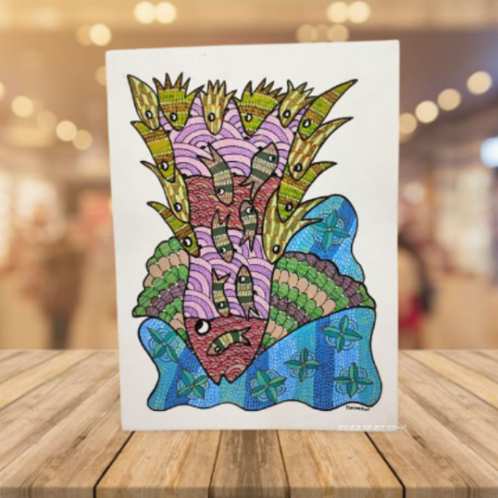 Painting Gond Art Fish Mother and Children 10x14