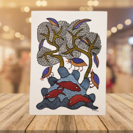 Painting Gond Art Fish Tree and Life 10x14