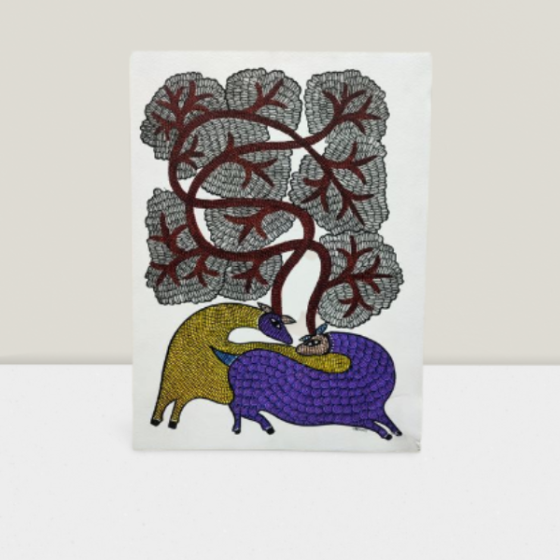 Painting Gond Art Deer Couple Yellow Purple 10x14