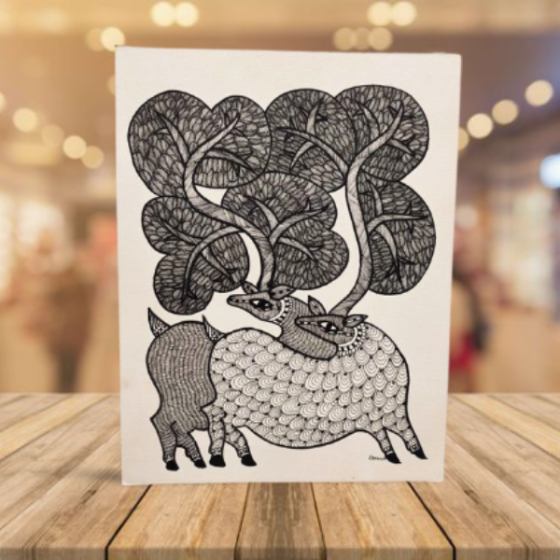 Painting Gond Art Deer Black And White 15x11