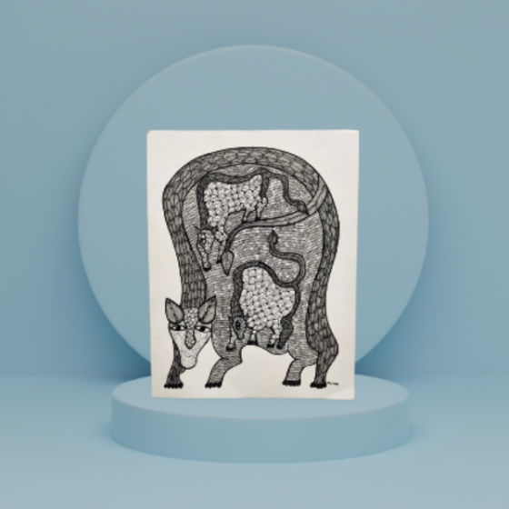 Painting Gond Art 3 Cows Black And White 15x11