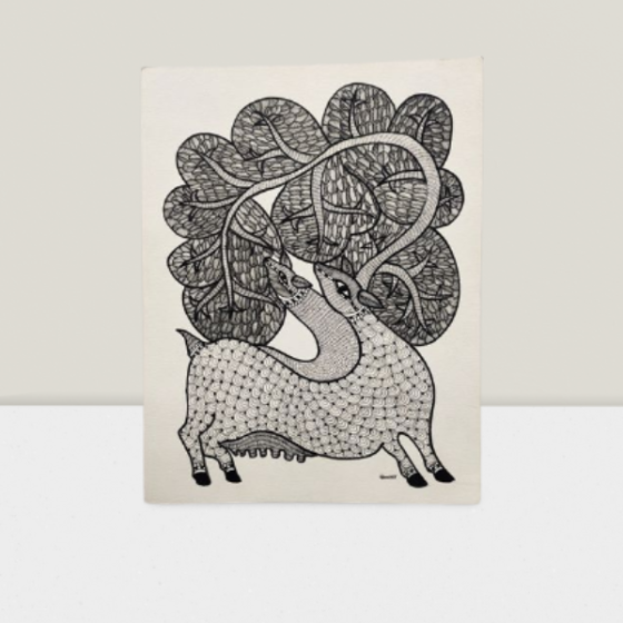 Painting Gond Art Cow Calf Black And White 15x11