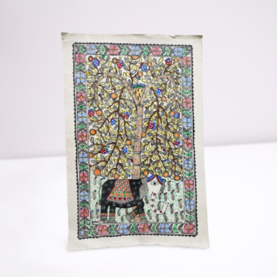 Paintings Madhubani Tree Elephant Handmade Paper 11X15"
