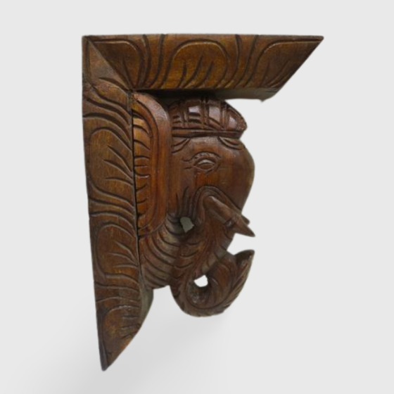 Wall Décor Bracket Wood Carving Elephant Antique L -Shape 10"