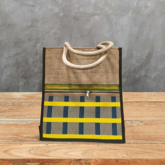 Multipurpose Bag Jute Check Yellow Blue M