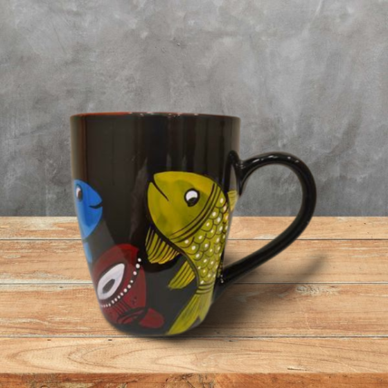 Coffee Mug Pattachitra Painting Fish Black Brown