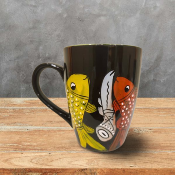 Coffee Mug Pattachitra Painting Fish Black Green
