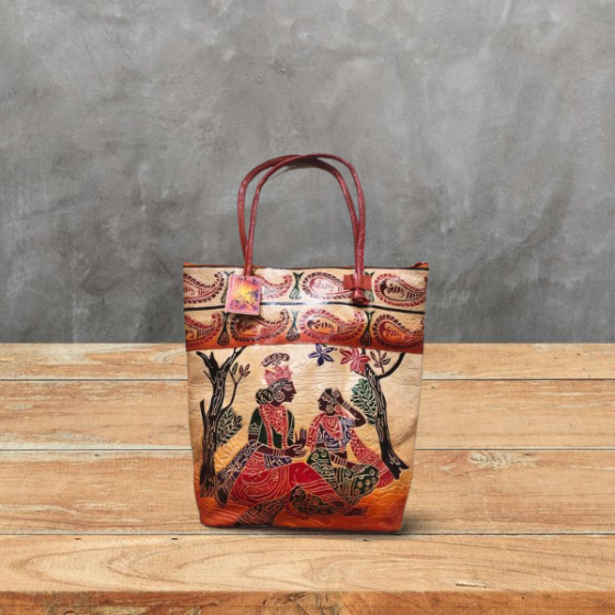 Ladies Bag Shanti Niketan leather Radha Krishna Red