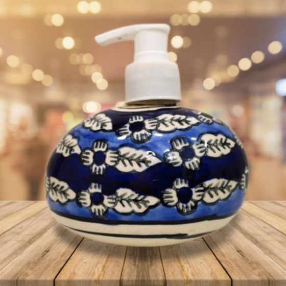 Soap Dispenser Khurja Pottery Floral With Leaf Blue