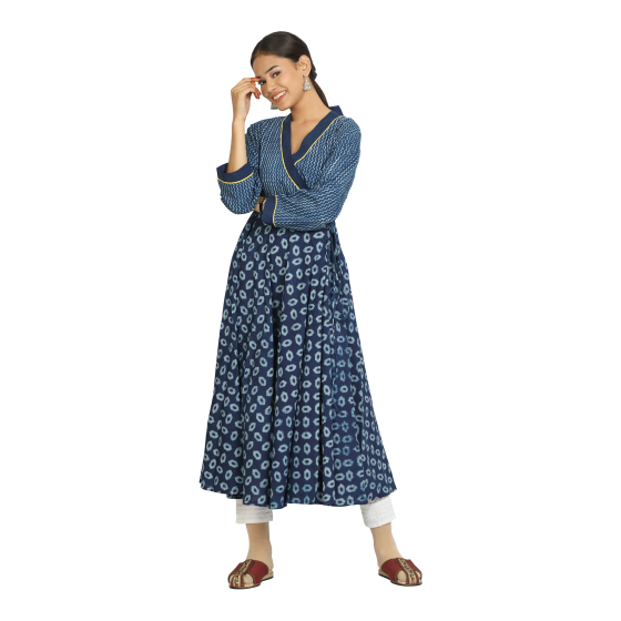 KURTA ANGRAKHA BLOCK PRINT BLUE WITH PIPING XL