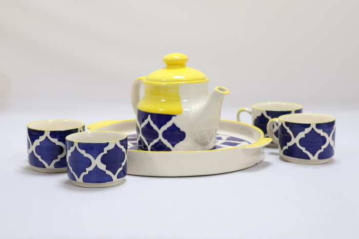 Khurja Pottery Murli Mug Tea Set Yellow + Blu Clr Big