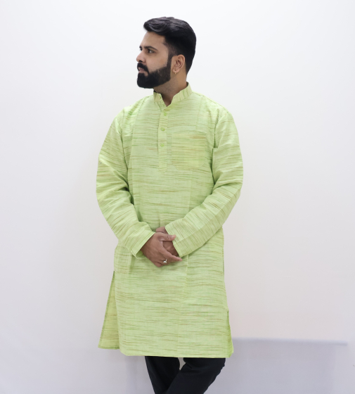 Cotton Long Kurta Full Sleeves (Light Green Lines 40)